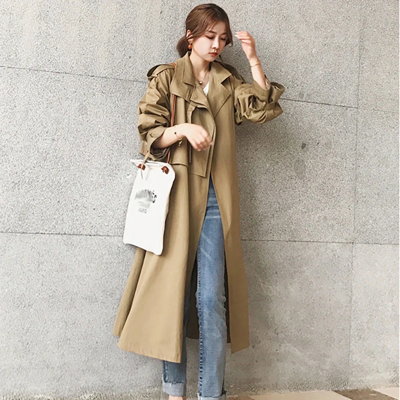 Women Trench Coat Autumn Casual Belt Waist Long Coat Turn Down Collar Long Sleeve Windbreaker Trench Fashion Outwear