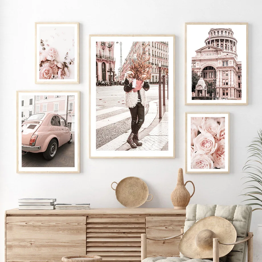 

Street Tram Car Bike Girl Flower Vintage Nordic Posters And Prints Wall Art Canvas Painting Wall Pictures For Living Room Decor