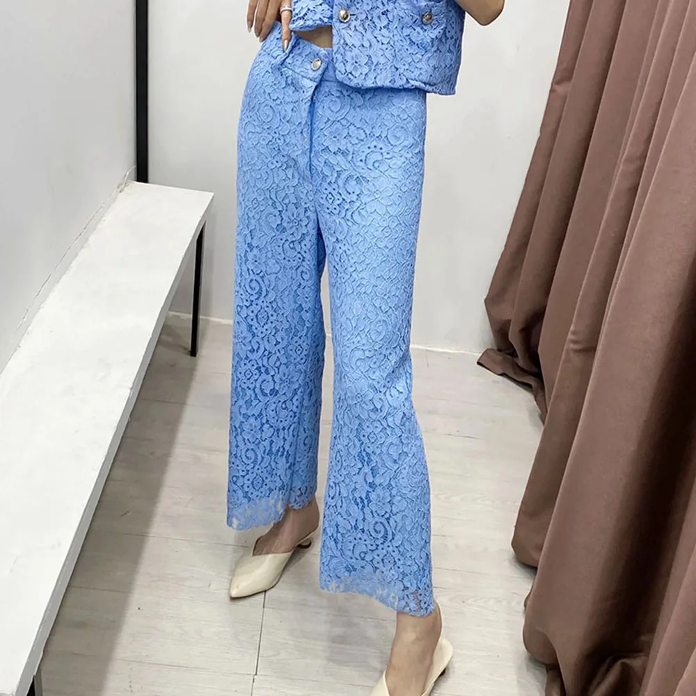 

Women Fashion Side Pockets Office Wear Blue Lace Pants Vintage High Waist Zipper Fly Female Ankle Cropped Trousers Mujer