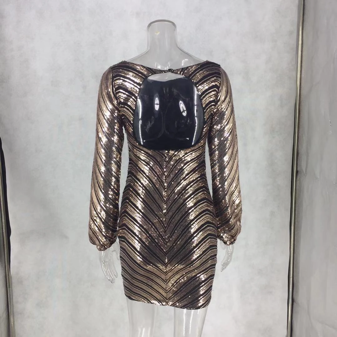 

BacklakeGirls Round Neck Long Sleeve Sparkly Sequined Women Cocktail Dress Evening Gowns For Women Sukienki Wieczorowe Krotkie