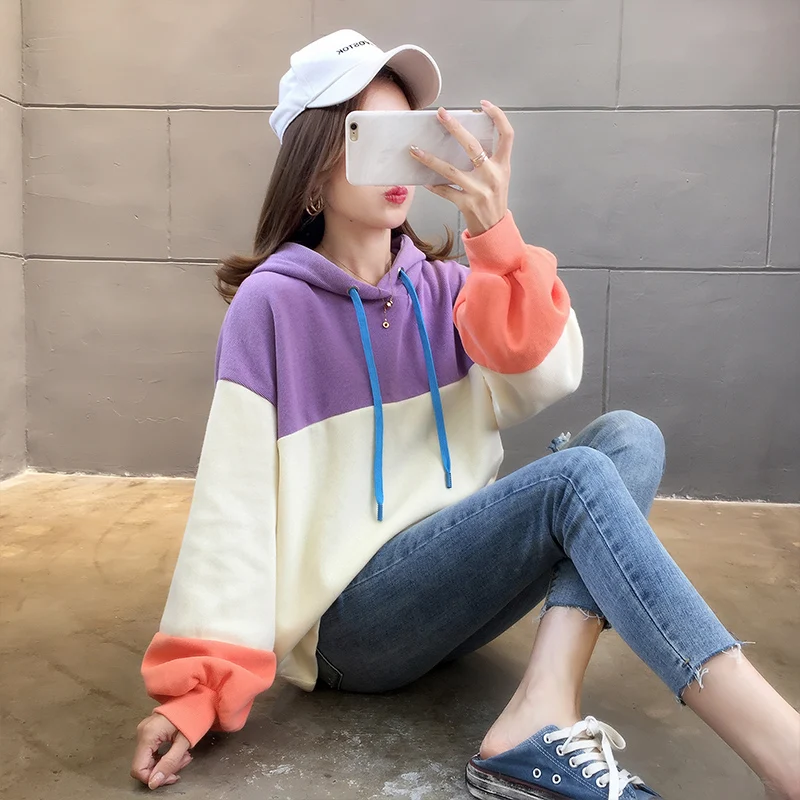 Осенняя мода новый цвет мозаика женское худи Ins фиолетовый Плюс Размер Женская