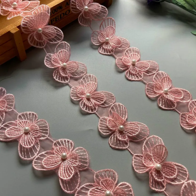 1 ярд розовый с двойной бусиной для ногтей кружевной цветок бабочка кружевная