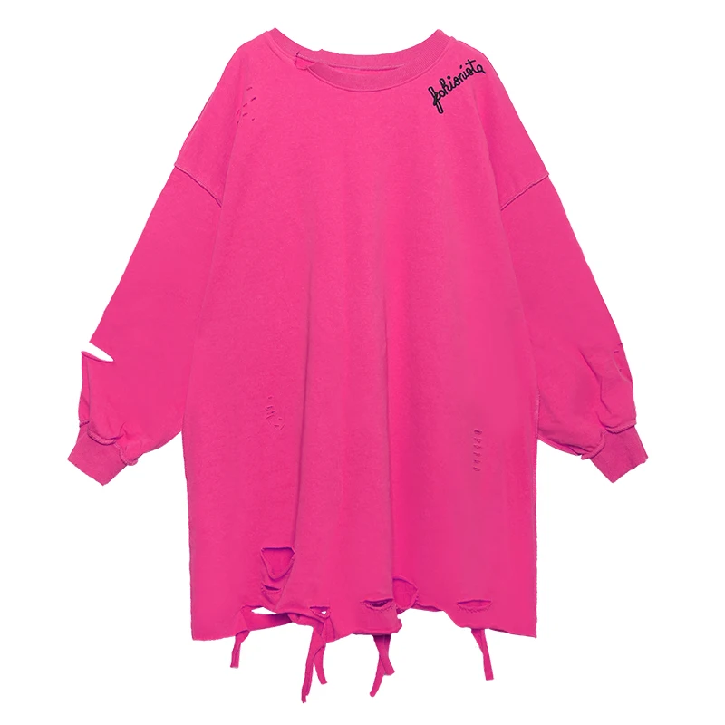 

Solid color simple sweatshirt female 2020 spring tide ins thin section large size long section long sleeve loose hole sweatshirt