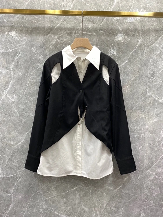 

Новинка 2021, женская модная универсальная рубашка из двух частей с лацканами и длинным рукавом, 1030