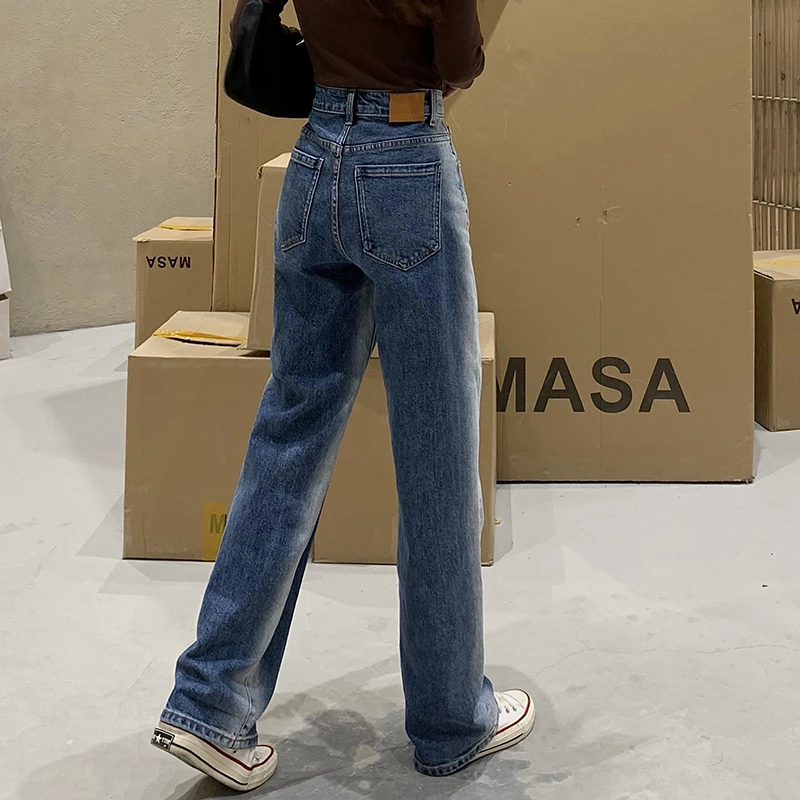 

FINEWORDS Vintage Washed Wide Leg Jeans Korean Casual High Waist Streetwear Jeans Loose Blue Denim Pantalones Vaqueros Mujer