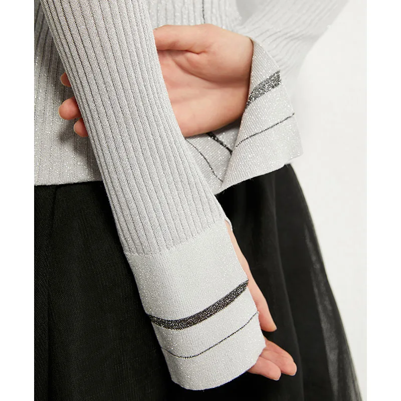 AMII Minimalism Autumn Fashion Women Sweater Causal Solid Stripe Slim Fit Turtleneck Female Pullover Tops 12030382 | Женская одежда