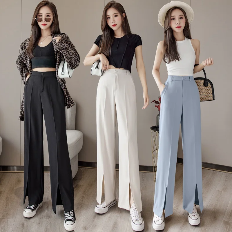 

Брюки женские с широкими штанинами, модные повседневные свободные штаны с эластичным завышенным поясом, черные рабочие прямые штаны, весна-...