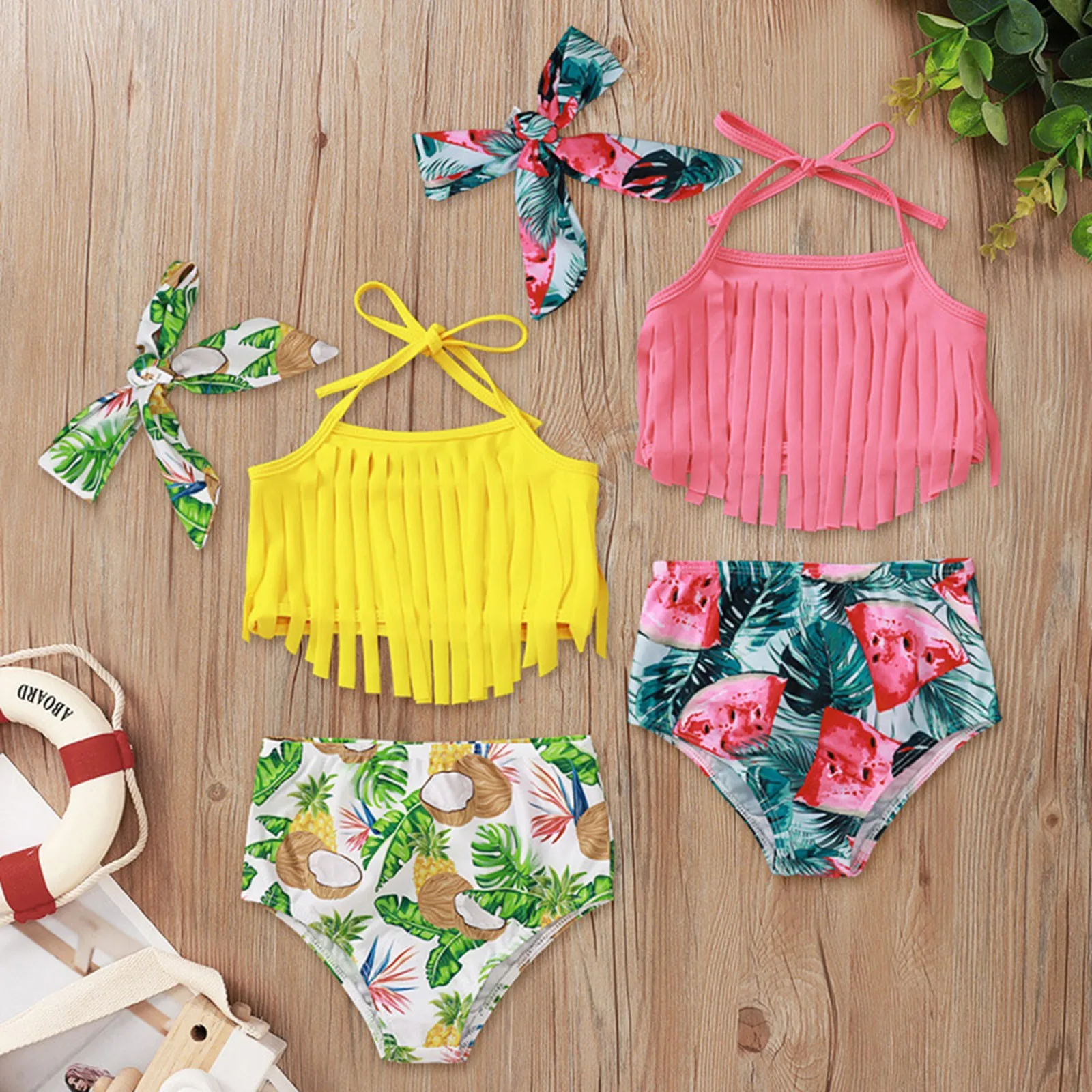

Newborn Baby Girl Tassels Swimsuit Print Backless Two Piece Swimwear Swimsuit For Girls Summer Sling Bikini Set Bathing Suits