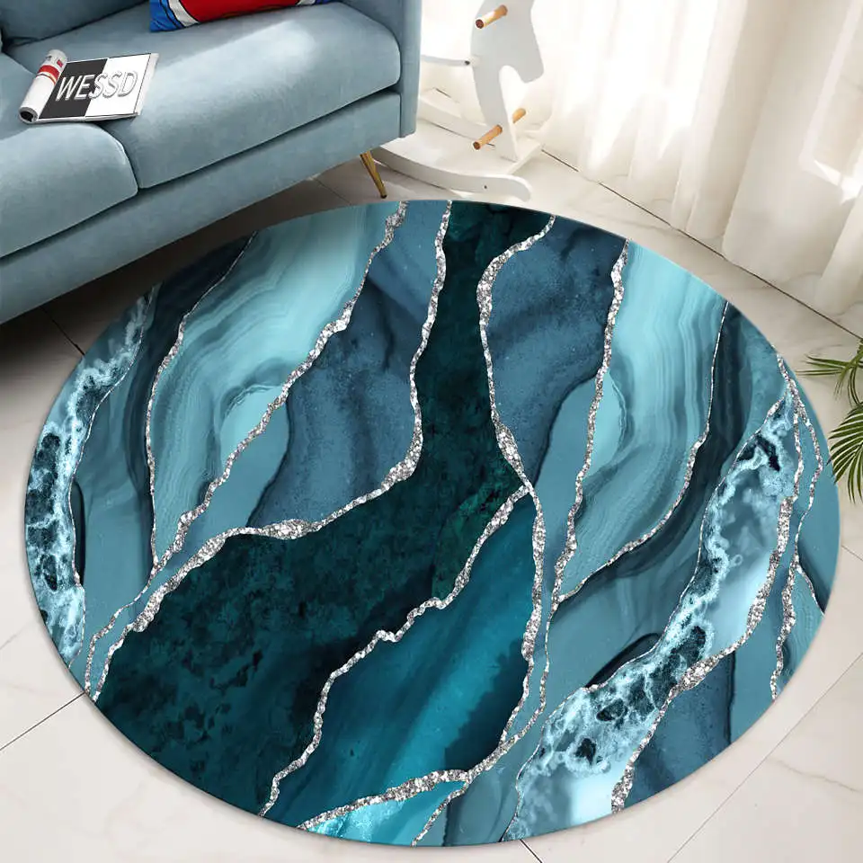 

Blue Marble Carpet Round Modern Sofa Rug Living Room Luxury Coffee Table Rug Washable Machine Bedroom Rug Circular Flannel Soft