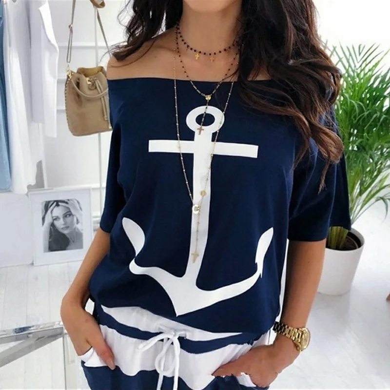 Women Anchor Print Loose T-shirt Summer Slash Neck Tees Casual Batwing Sleeve Tops T-shirts Plus Size | Женская одежда