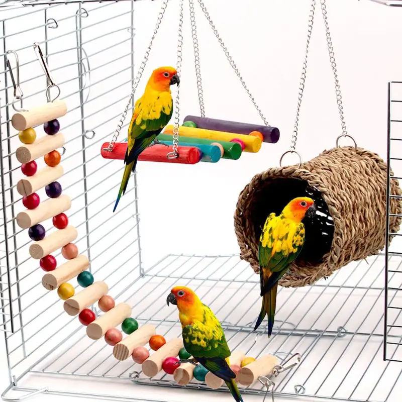 15/9/8/3 Pc Birds Pets Bird Supplies Hanging Colorful Balls Climbing Toy Swing Parrots Ladders With Natural Wood Bird Bells Toys durable parrot swing utility nontoxic soft multipurpose hemp rope climbing net for cockatoo parrots small pets birds