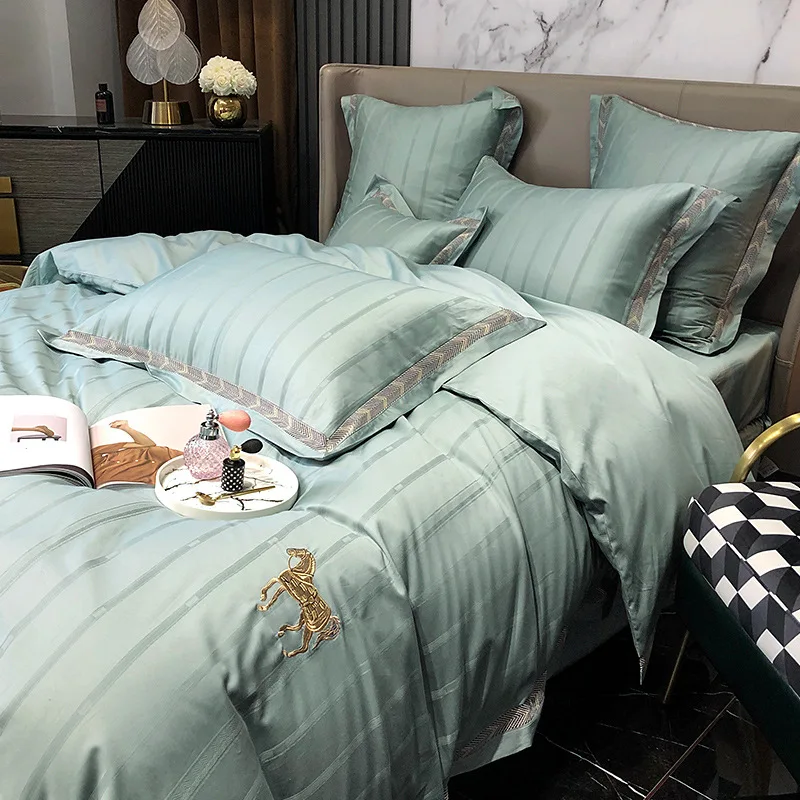 

1000TC Egyptian Cotton Soft Double Bedding Luxury Embroidery Horse Satin Duvet Cover Set Flat Bed Sheet and Pillowcase Bedclothe