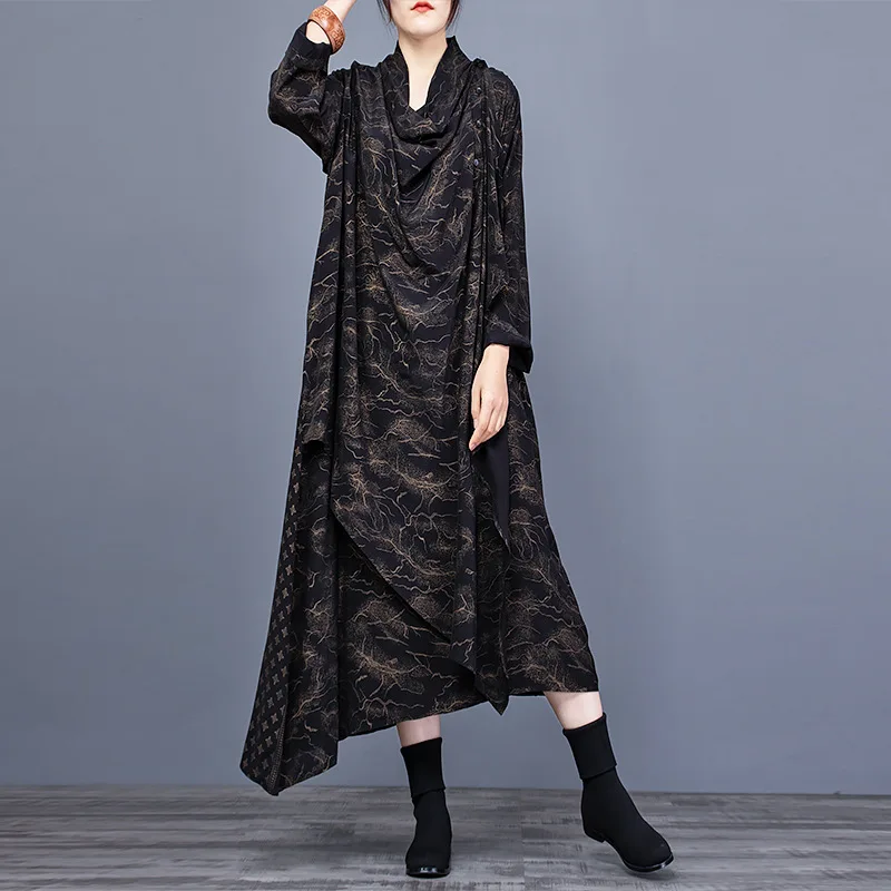 

21 spring and summer new age reducing temperament printing irregular dress loose swing meat covered long sleeve skirt