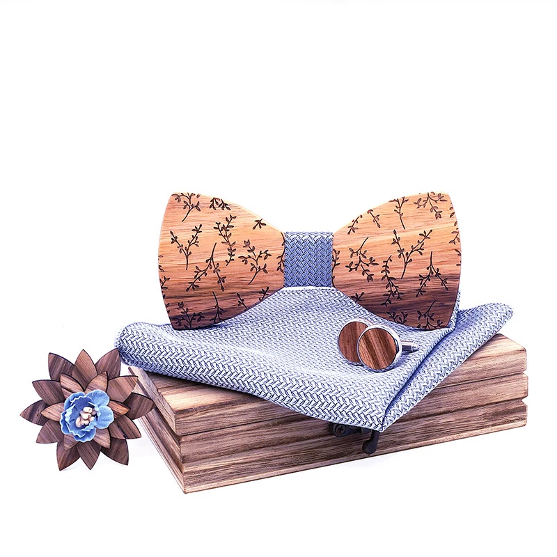 

Male Manual Wooden Bow Ties Handkerchief Cufflinks Brooch Set for Wedding Corbatas Designer Cravat Corsage Set