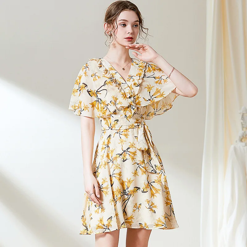 

Summer Dress V Neck 2020 Women New Fashion Printed Short sleeve Ruffles Slim A-Line Yellow Dress Above The Knees