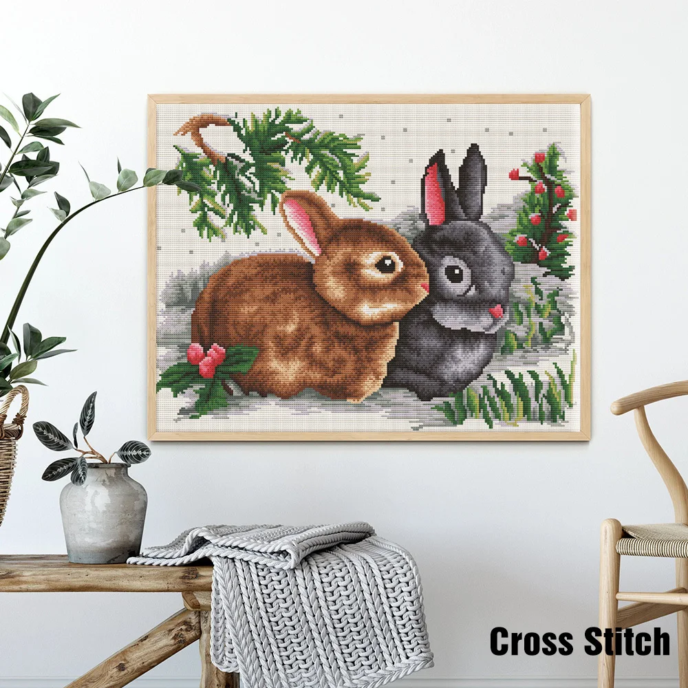 

HUACAN Embroidery Rabbit Animals Kits Cross Stitch 14CT 40x50cm Needlework Sets White Canvas DIY Home Decoration