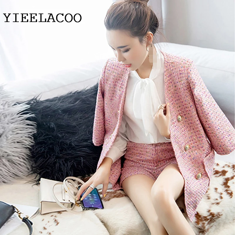 

Pink Color Plaid Tweed jacket + shorts suit Shiny sequin fabric spring/autumn women's jacket Business ladies 2 piece shorts suit