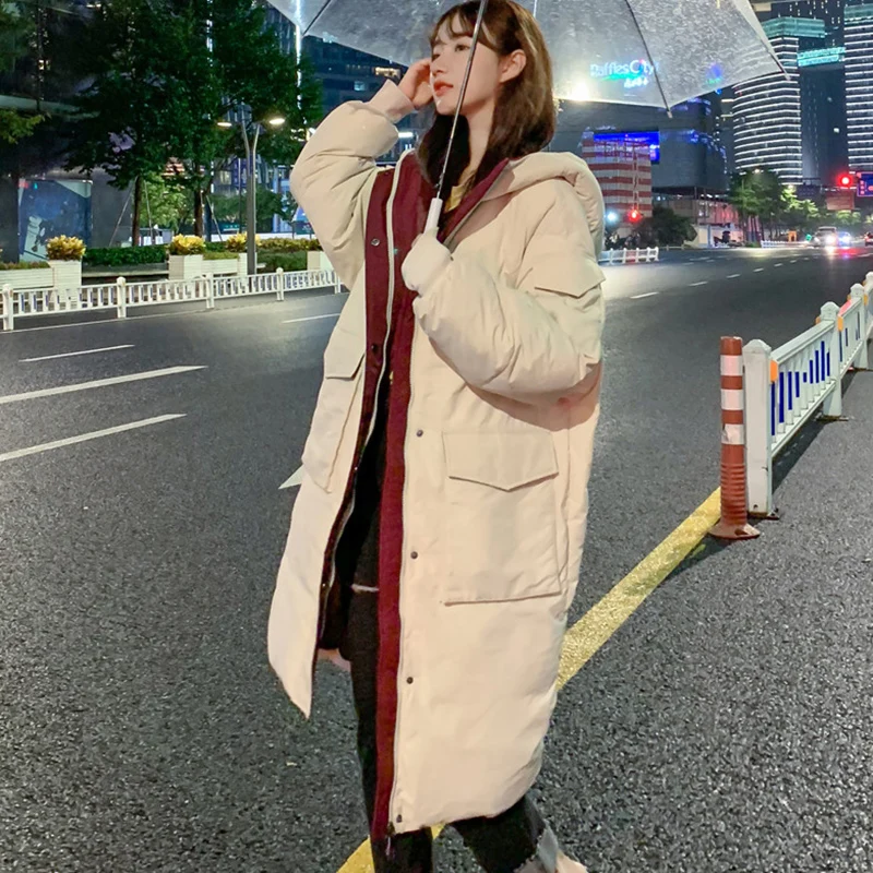 

Женская зимняя и осенняя теплая пуховая куртка, женский пуховик оверсайз, Корейская Повседневная Свободная длинная парка, верхняя одежда ...