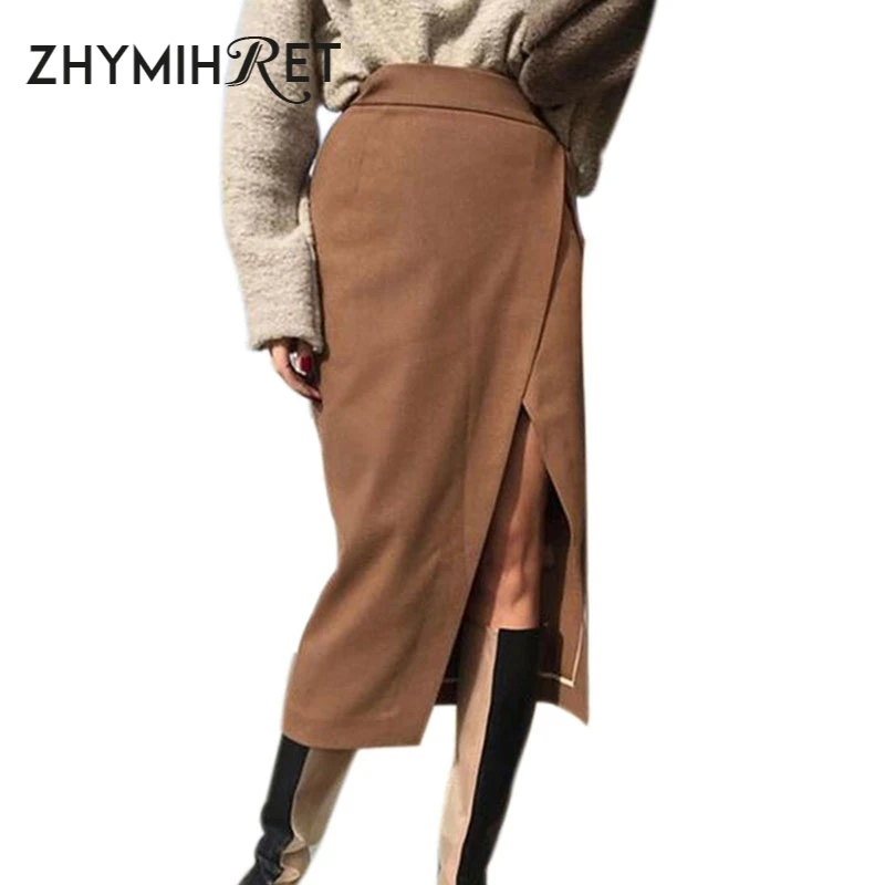ZHYMIHRET элегантные Разделение миди юбка с высокой талией для женщин 2019 осень зима