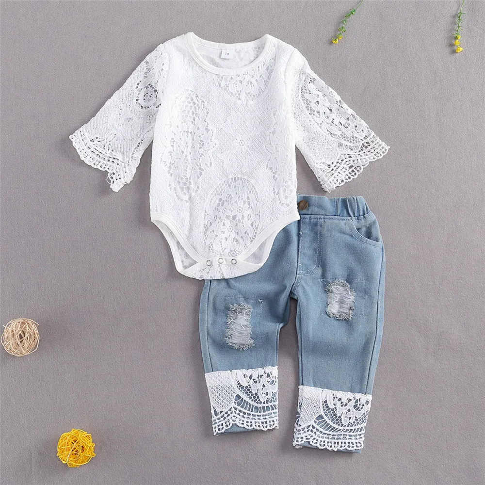 

pudcoco 2Pcs Baby Girls' Long Sleeve Lace Romper Suit Triangle Crotch Round Neck Lace top with Long Jeans 3-24 Months