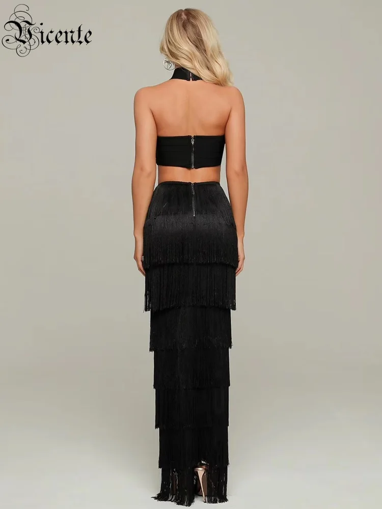 Черное платье с кисточками пикантное Бандажное Платье макси открытой спиной и
