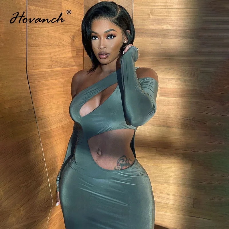 

Женское однотонное платье Hovanch с вырезами и диагональными плечами, сексуальное облегающее платье с длинным рукавом, зима 2021, модное клубвеч...