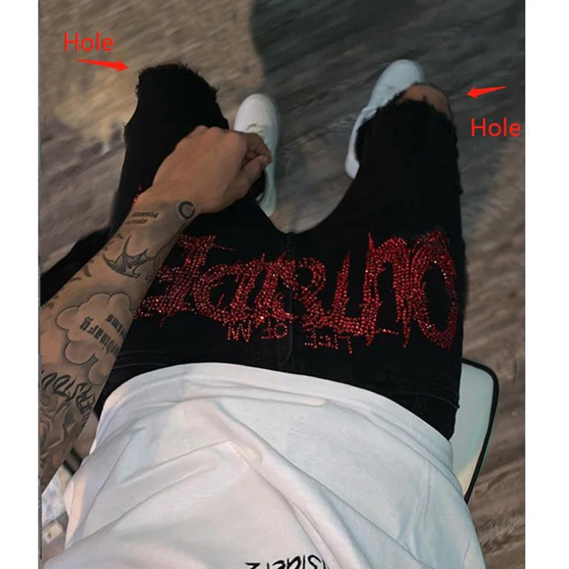 Men's Black Jeans Fashion Cotton Cowboy Trousers Street Hot Drill Skinny Destroyed Stretch Slim Rhinestones Punk Denim Pants