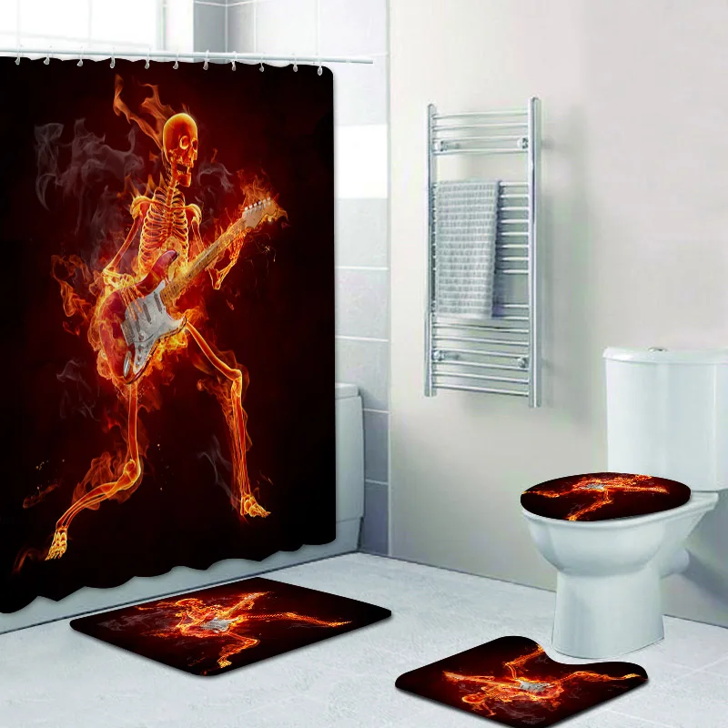 Funny Halloween Flame Skull Skeleton Playing Guitar Shower Curtain Bathroom Set Burning Bath Rug Carpet Home Decor | Дом и сад