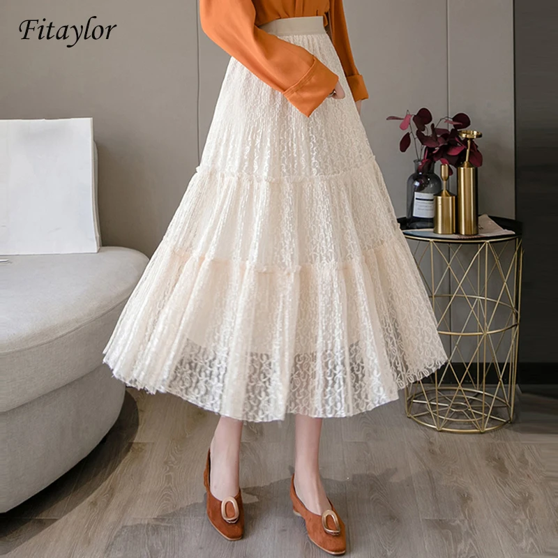 

Fitaylor Lace Skirt Women Summer Solid Elastic High Waist Asymmetric Skirt Ladies Elegant Hollow Out Beach Skirts