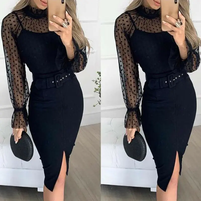 Женское платье на тонких бретелях черное без рукавов с поясом офисное разрезом |