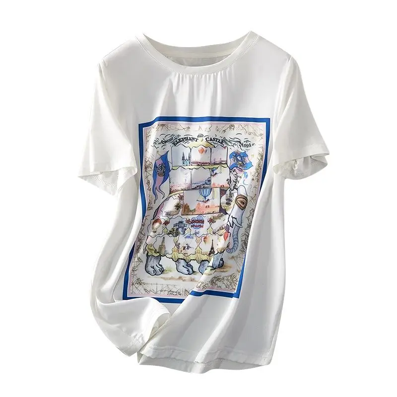 

2021 summer new women's elegant temperament fashion versatile design silk scarf short sleeve T-shirt