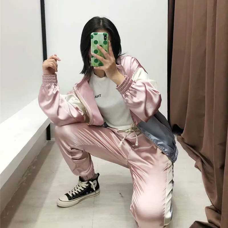 Женский костюм из двух предметов винтажный пуловер-бомбер контрастного цвета