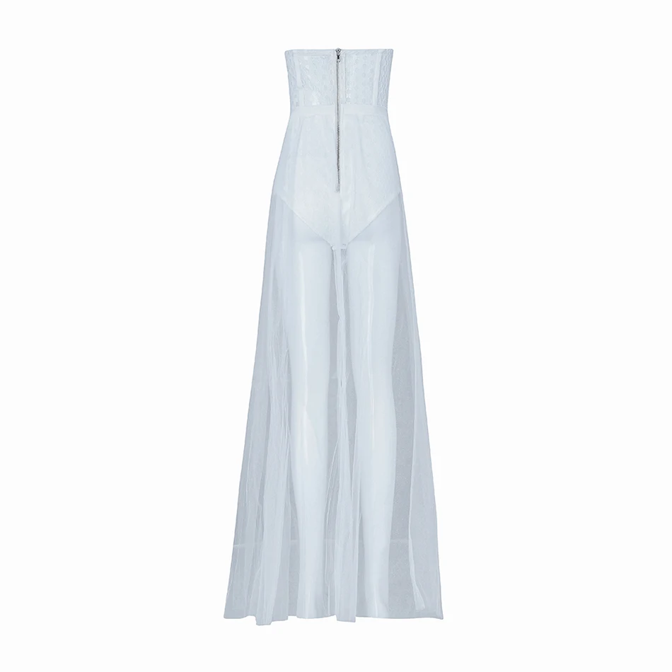 

Sexy Sleeveless Strapless Lace Bandage Jumpsuit White and Floor Length 2021 Summer New Elegant Women's Club Party Jumpsuit