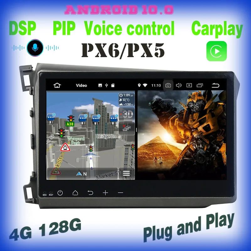 

Автомобильный радиоплеер PX6, 10,1 дюйма, Android 10,0, с голосовым управлением, GPS, для honda civic 2012, 2013, 2014, 2015, Carplay, Wi-Fi, 4 + 64 ГБ, автомобильная стереосисте...
