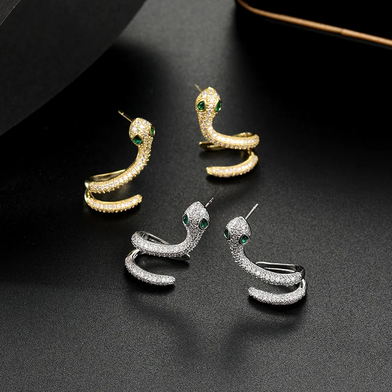 

Fashion Snake Ear Stud Cuff Earrings Luxury Cubic Zirconia Copper Earrings for Women Wedding Party Finger Rings