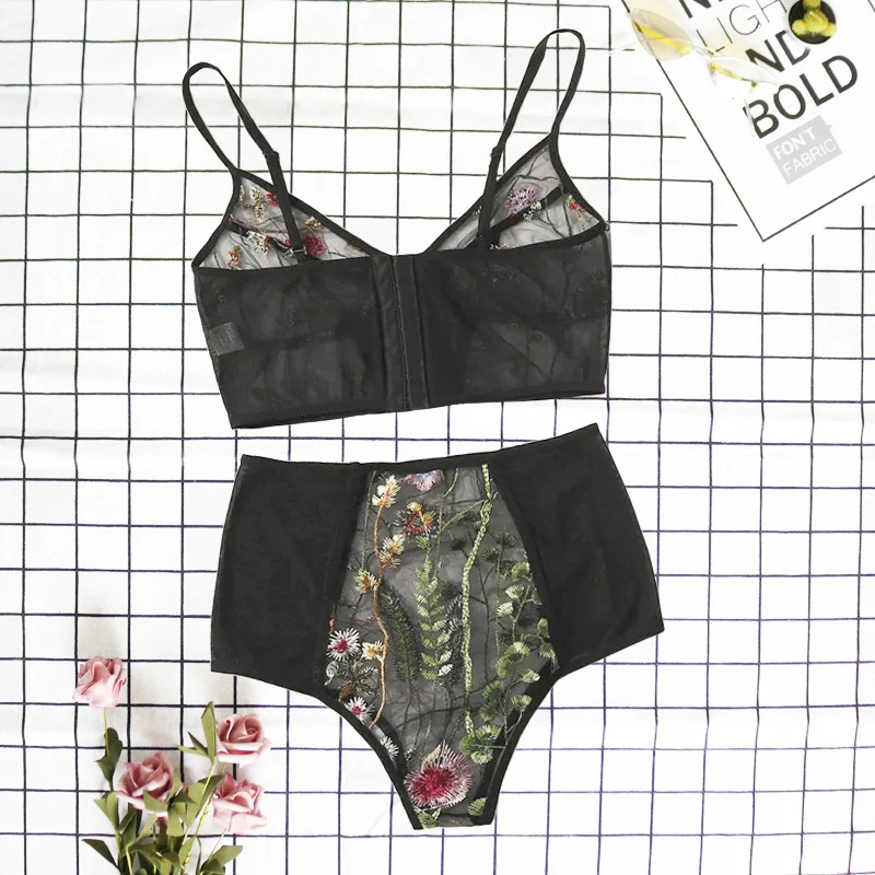 

Embroidery Erotic Set Lace Perspective Bralette Bra Panties Flower Printed Sexy Lingerie Set Women's underwear Sleepwear Pajamas