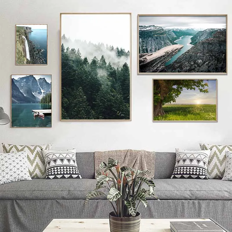 

Scandinavian Landscape Canvas Painting Nordic Foggy Forest Mountain Lake Boat Wall Art Print Picture Modern Living Room Decor