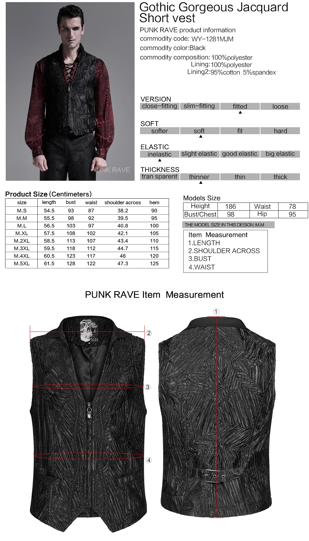 

PUNKRAVE Men's Gothic Jacquard Short Waistcoat Gorgeous Vintage Fashion Formal Prom Party Cardigan Vest