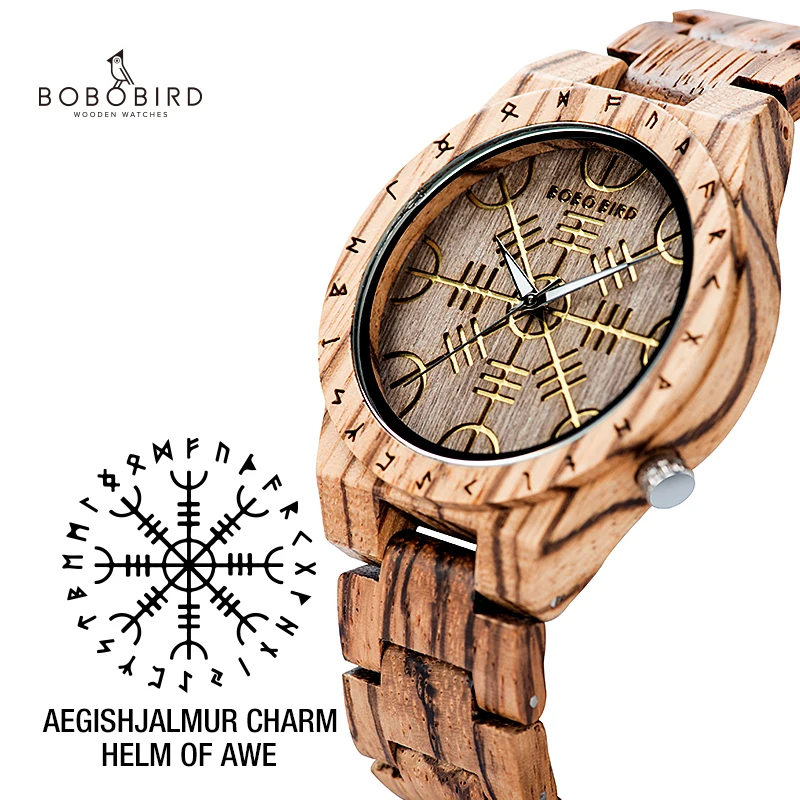 

BOBO BIRD Wooden Men Watches Quartz Wristwatch Men Handmade Rune Watches For Him Gift Clock Relogio Masculino Helm Of Awe Watch