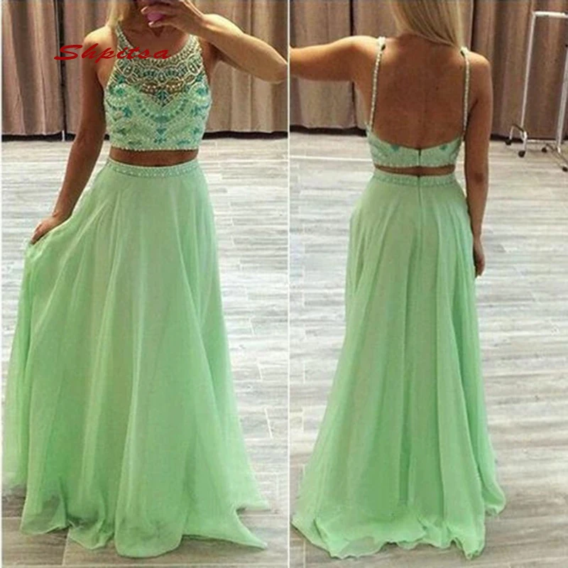 

Sexy Long Evening Dresses Party Sexy Two 2 Piece Luxury Crystal Plus Size Chiffon Girl Women Prom Formal Dresses Evening Gown