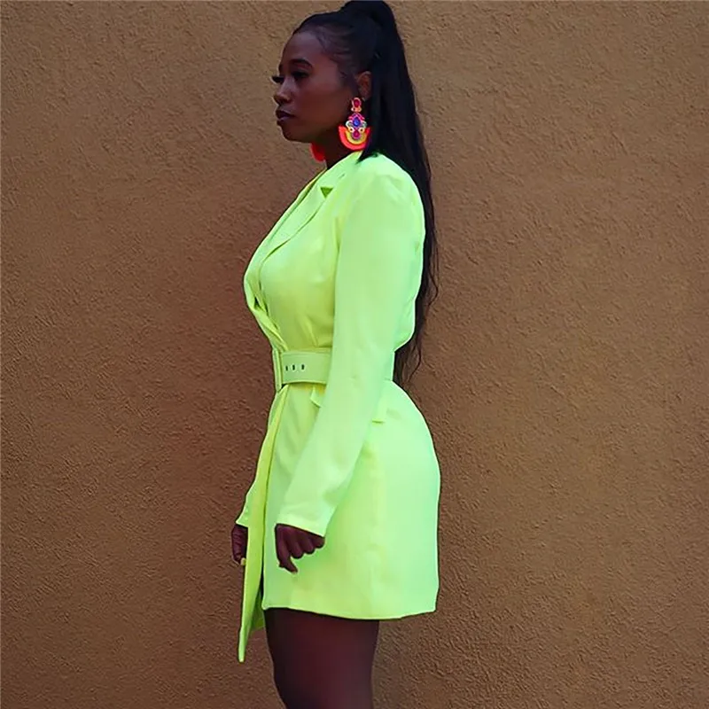 

Autumn Winter Neon Green Slim Fit Blazer Jackets Women Notched Collar Office Lady Business Elegant Blazers Long Coat with Belt