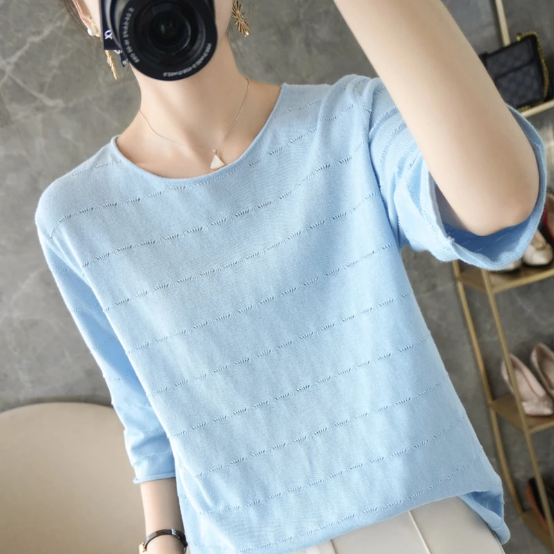 

100% cotton O-neck thin cutout knit pullover sweater ladies solid color short summer new products FRSEUCAG brand Loose and simpl