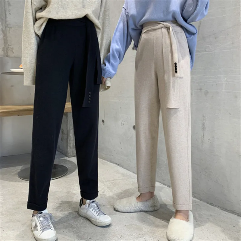 

Korean Knit Casual Harem Pants Women High Waist Was Thin Straps Winter Pants Pantalones Mujer Pantalon Femme Spodnie Damskie