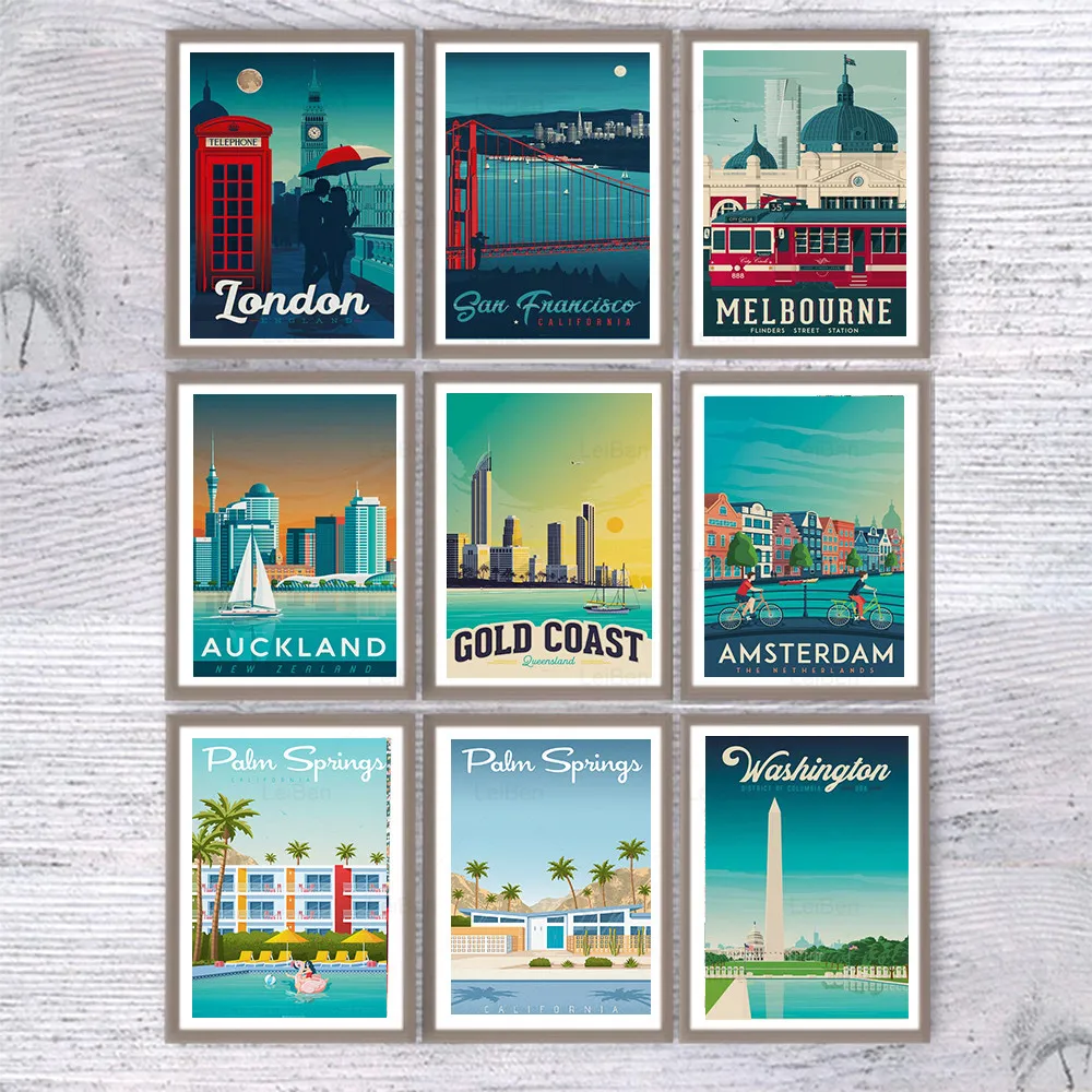 

Cartoon Retro Travel Cities Poster Netherlands Amsterdam London Landscape Canvas Painting Prints Pictures for Home Cuadros Decor