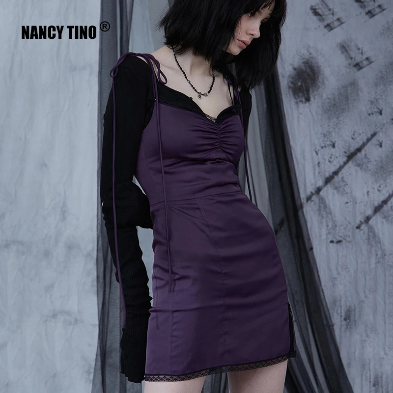 

Sexy One-shoulder Strap Gothic Black Dress Women Streetwear Backless Lace Mini Dress Casual Dress Bodycon Dress