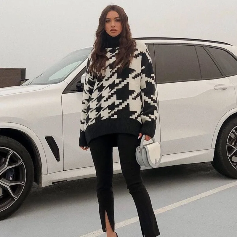 

Turtleneck Dress Knitted Long Sleeve Autumn Winter Oversized Sweater Dresses Black Casual Knit Mini Houndstooth Sexy Party 2020