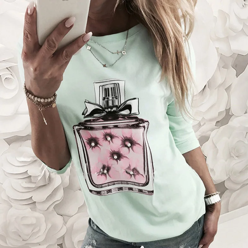 2019 Summer Perfume Printed Round Neck Short Sleeve Tees Women Casual T-Shirt Tops and Shirt | Женская одежда