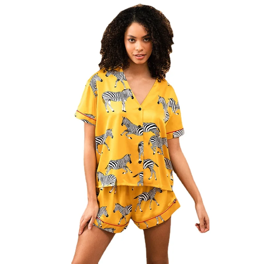 

Пижама с коротким рукавом и принтом животных, модный и живой пижамный комплект для отдыха, Женские топы для сна