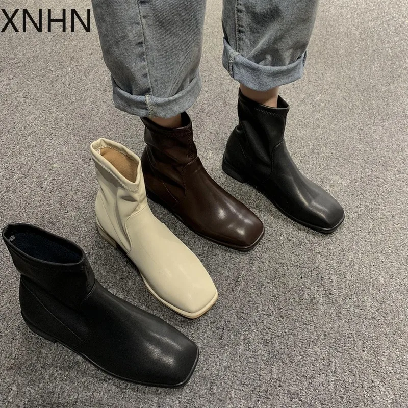 XNHN короткие ботинки в европейском стиле с квадратным носком Женские Простые
