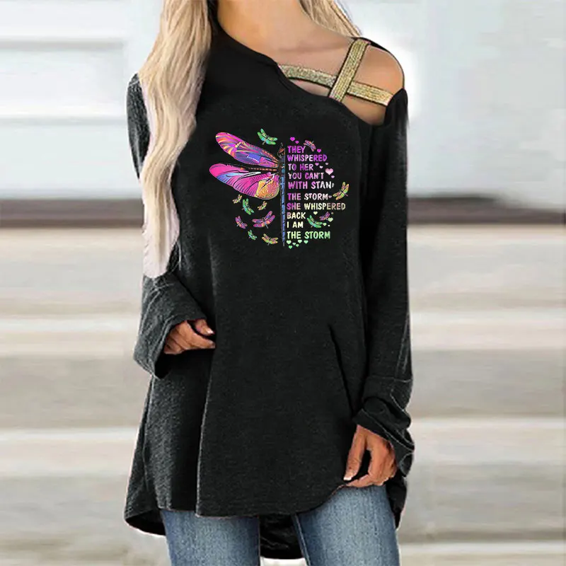 

Women T-shirt Long Sleeve Casual Off Shoulder 3D Printing Pullover Tops Hollow Out Loose Oversized T Shirts Woman